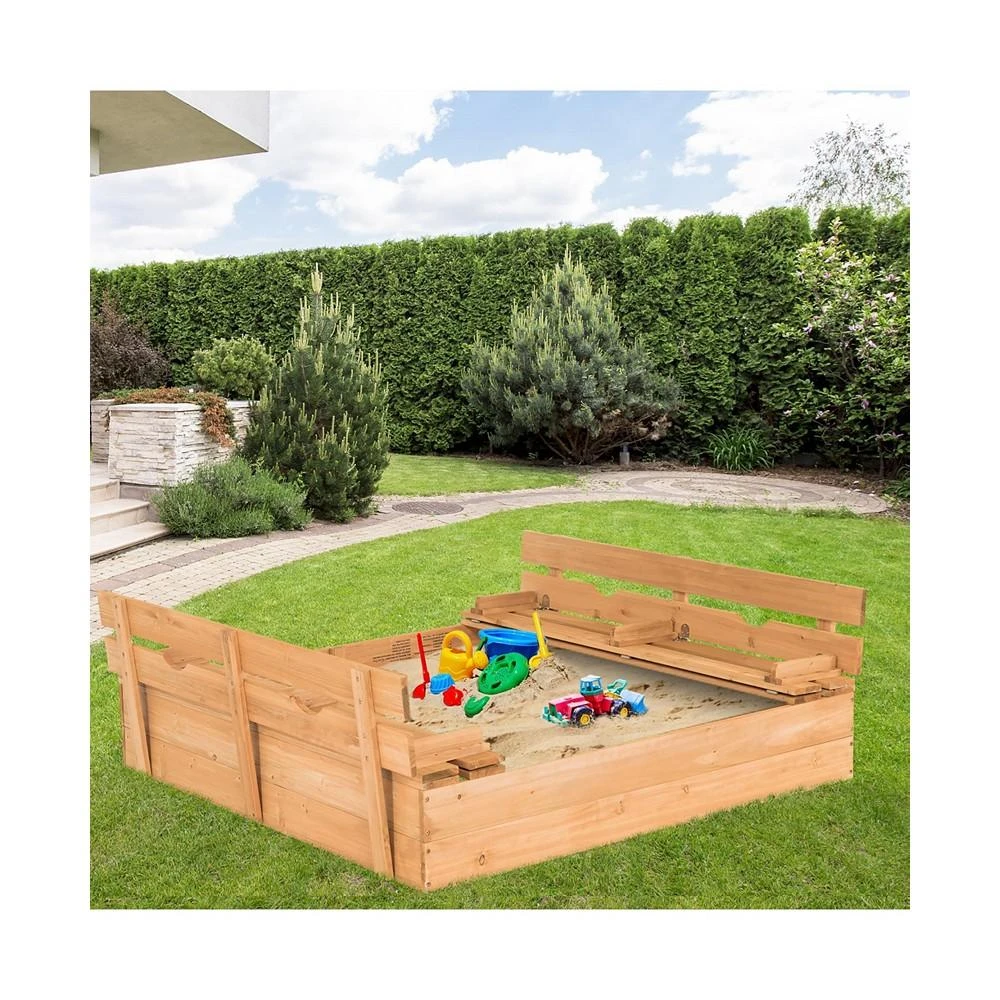 商品Costway|Kids Large Wooden Sandbox w/Cover 2 Convertible Bench Seats for Outdoor Play,价格¥815,第3张图片详细描述