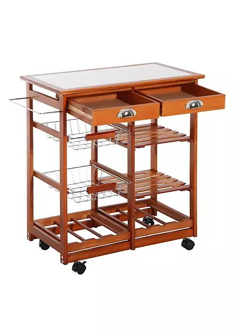 商品belk|Wooden Rolling Kitchen Cart Tile Counter Top Utility Trolley With Towel Rack 2 Drawers 2 Shelves Wire Baskets And Wine Rack Natural,价格¥878,第2张图片详细描述
