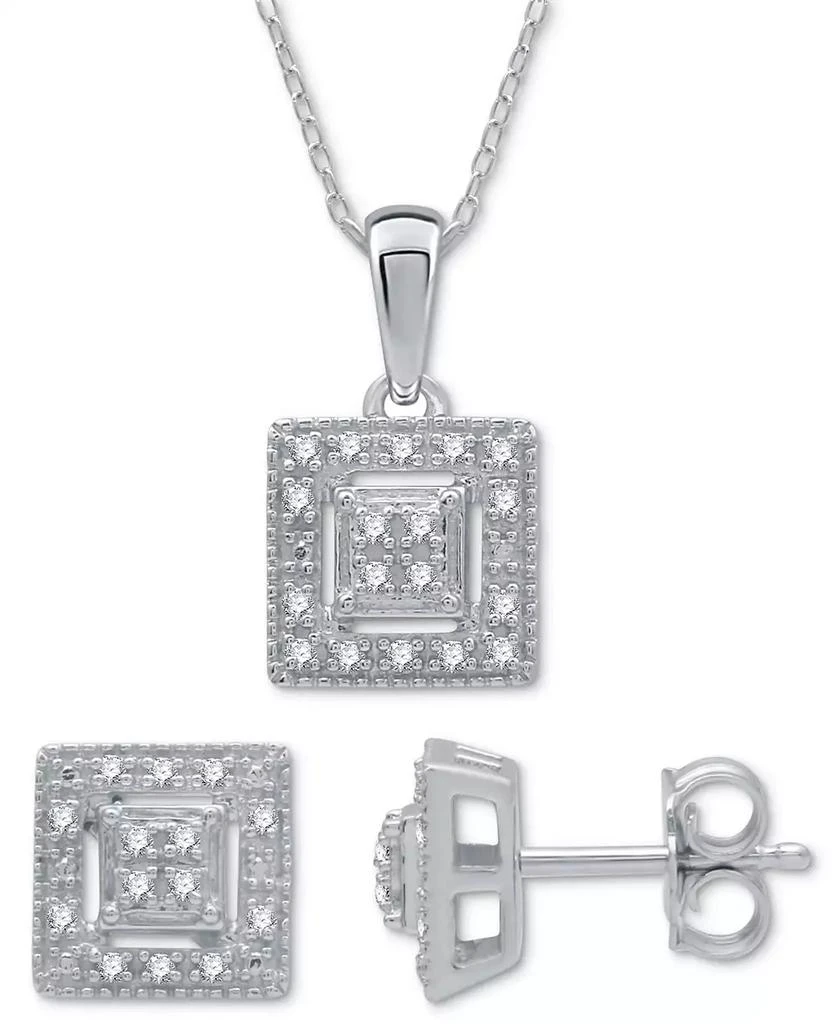 商品Macy's|2-Pc. Set Diamond (1/6 ct. t.w.) Square Cluster Pendant Necklace & Matching Stud Earrings in Sterling Silver,价格¥1515,第1张图片