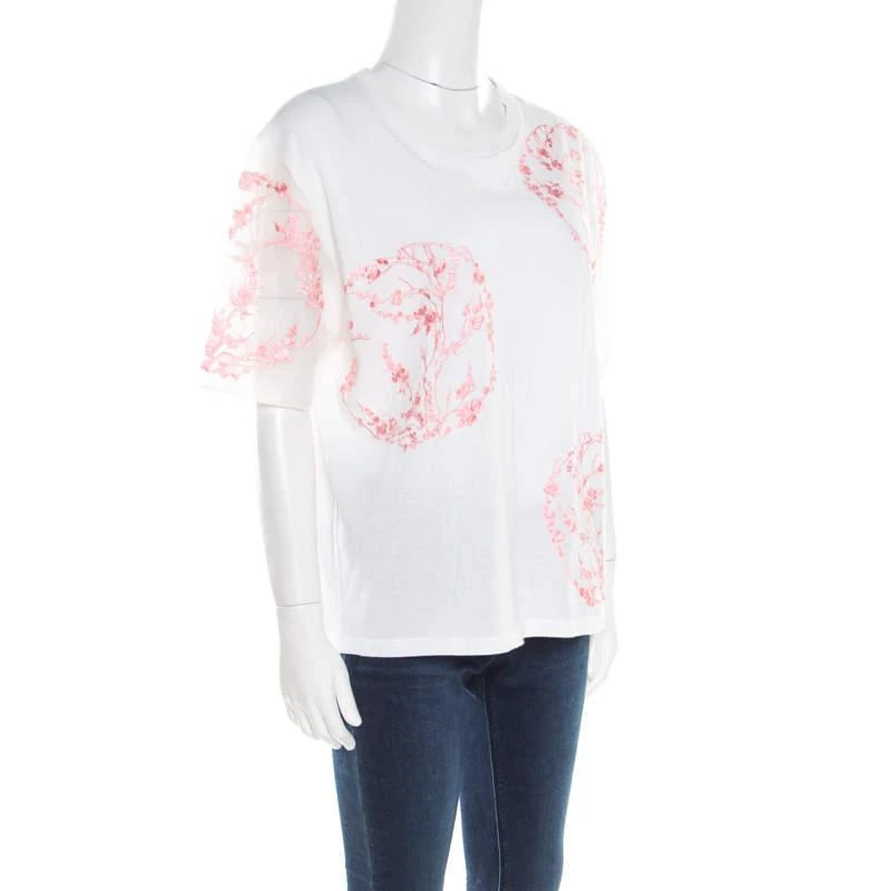 商品[二手商品] Alexander McQueen|Alexander McQueen White Cotton Floral Embroidered Silk Sleeve Detail Oversized T-Shirt S,价格¥1054,第2张图片详细描述