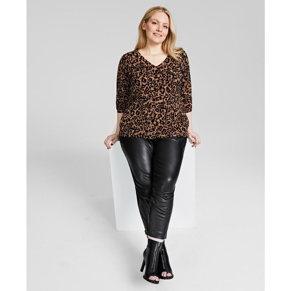 Plus Size 100% Cashmere Cheetah-Print V-Neck Sweater, Created for Macy's商品第1张图片规格展示