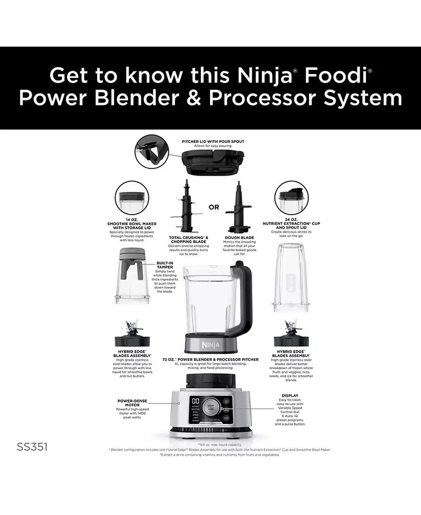 商品Ninja|Foodi® Power Blender & Processor System with Smoothie Bowl Maker and Nutrient Extractor* + 4in1 Blender 1400WP,价格¥1639,第5张图片详细描述