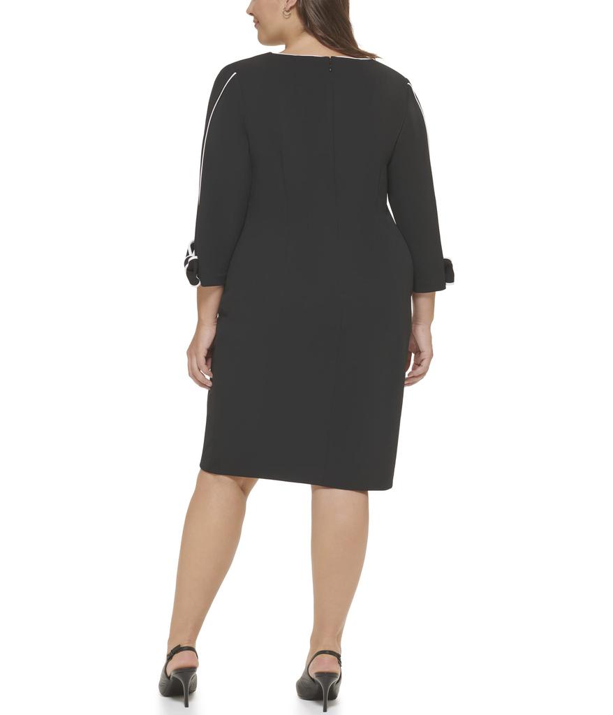 Plus Size Scuba Crepe Sheath Dress with White Trim & Bow Detail On Sleeve商品第2张图片规格展示