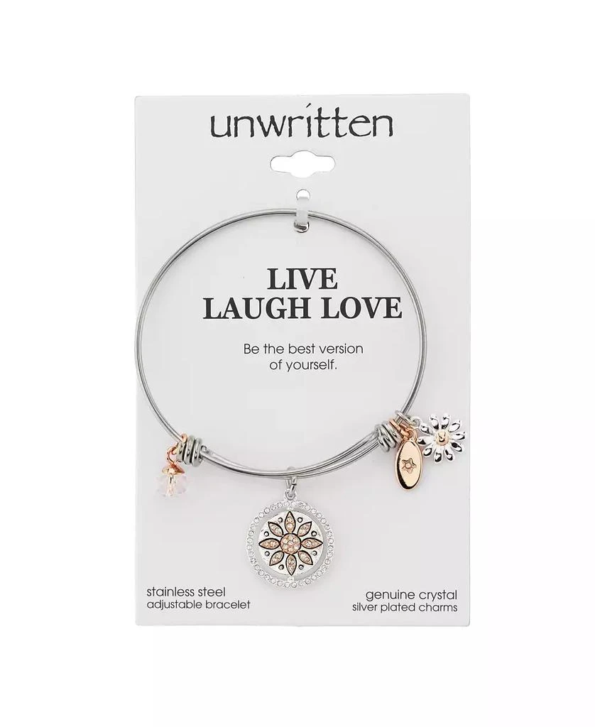 商品Unwritten|"Live Laugh Love" Flower Bangle Bracelet in Stainless Steel & Rose Gold-Tone with Silver Plated Charms,价格¥173,第3张图片详细描述