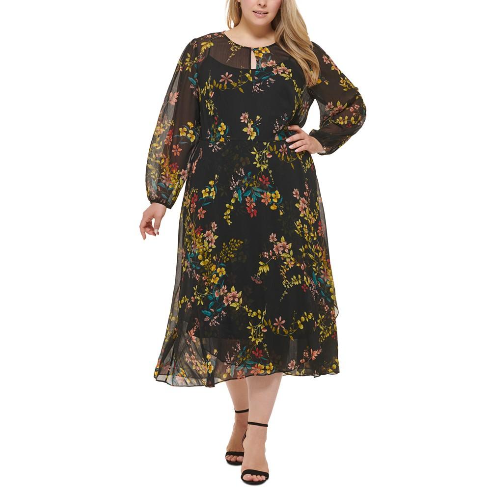 Plus Size Zelda Floral-Print Long-Sleeve Midi Dress商品第1张图片规格展示