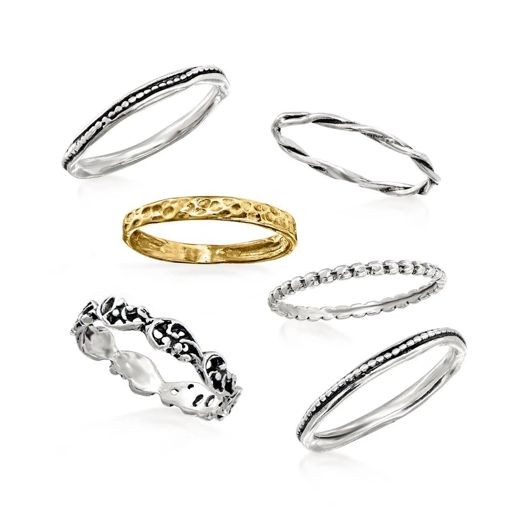 商品Ross-Simons|Sterling Silver and 18kt Gold Over Sterling Jewelry Set: 6 Textured Rings,价格¥957,第4张图片详细描述