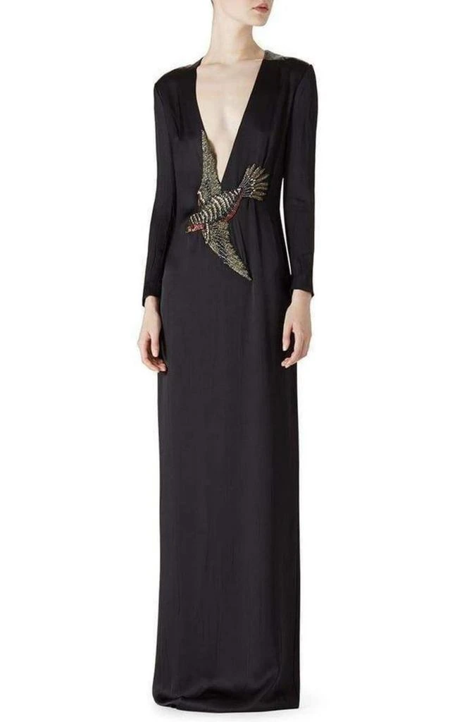 商品Gucci|Runway Crystal Bird Embellished Black Silk Gown,价格¥15386,第3张图片详细描述