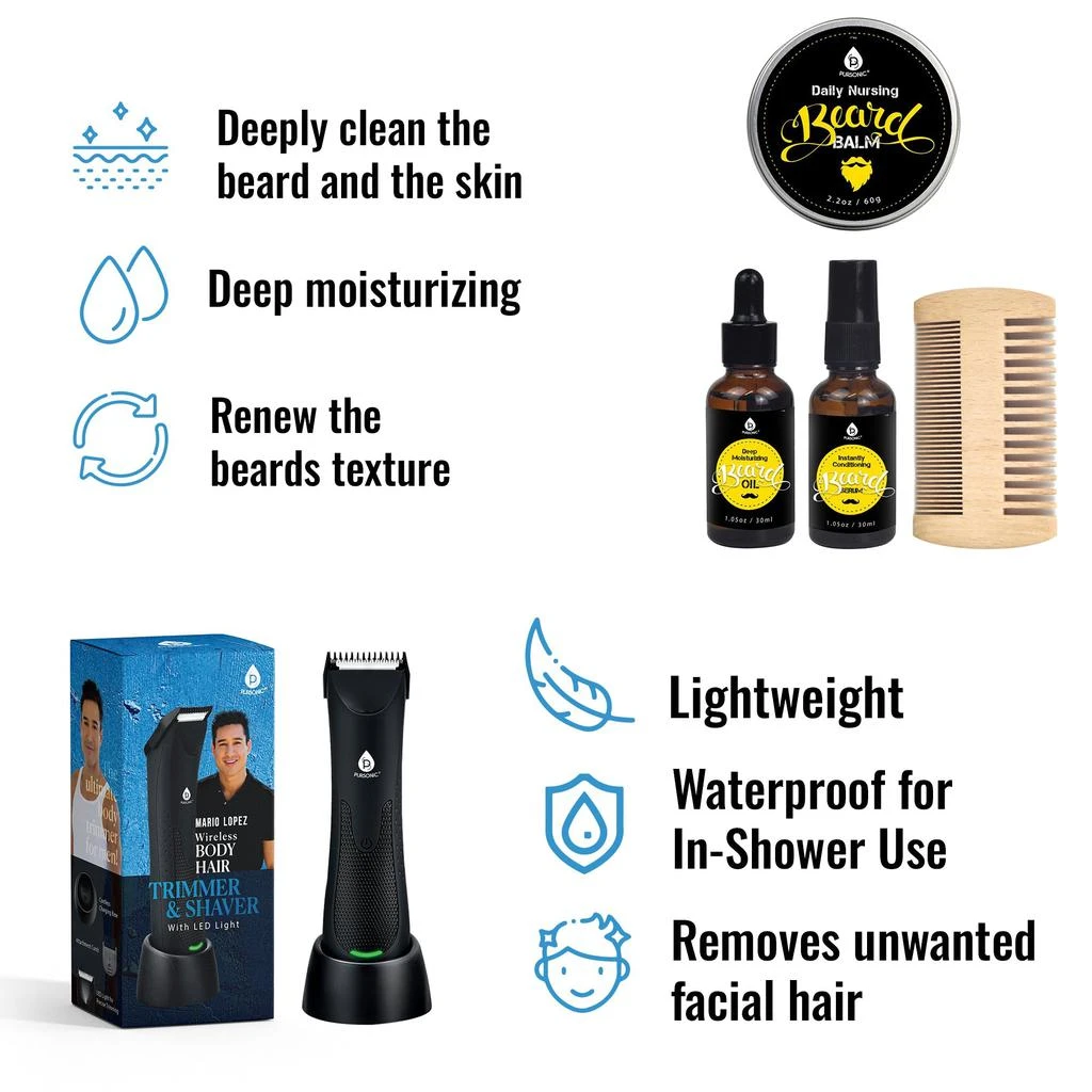 商品PURSONIC|Mario Lopez Wireless Body Hair Trimmer & Shaver and Beard Care Grooming Kit Bundle,价格¥384,第2张图片详细描述