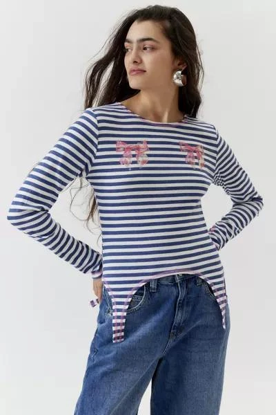 商品Urban Outfitters|Striped Bow Long Sleeve Baby Tee,价格¥189,第1张图片