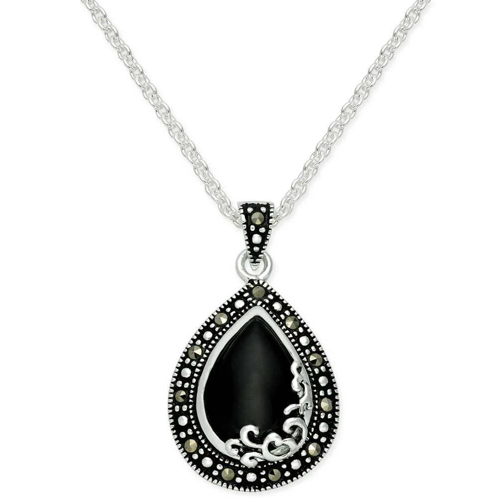 商品Macy's|Onyx (1-1/5 ct. t.w.) & Marcasite Pendant Necklace in Silver-Plate,价格¥112,第1张图片