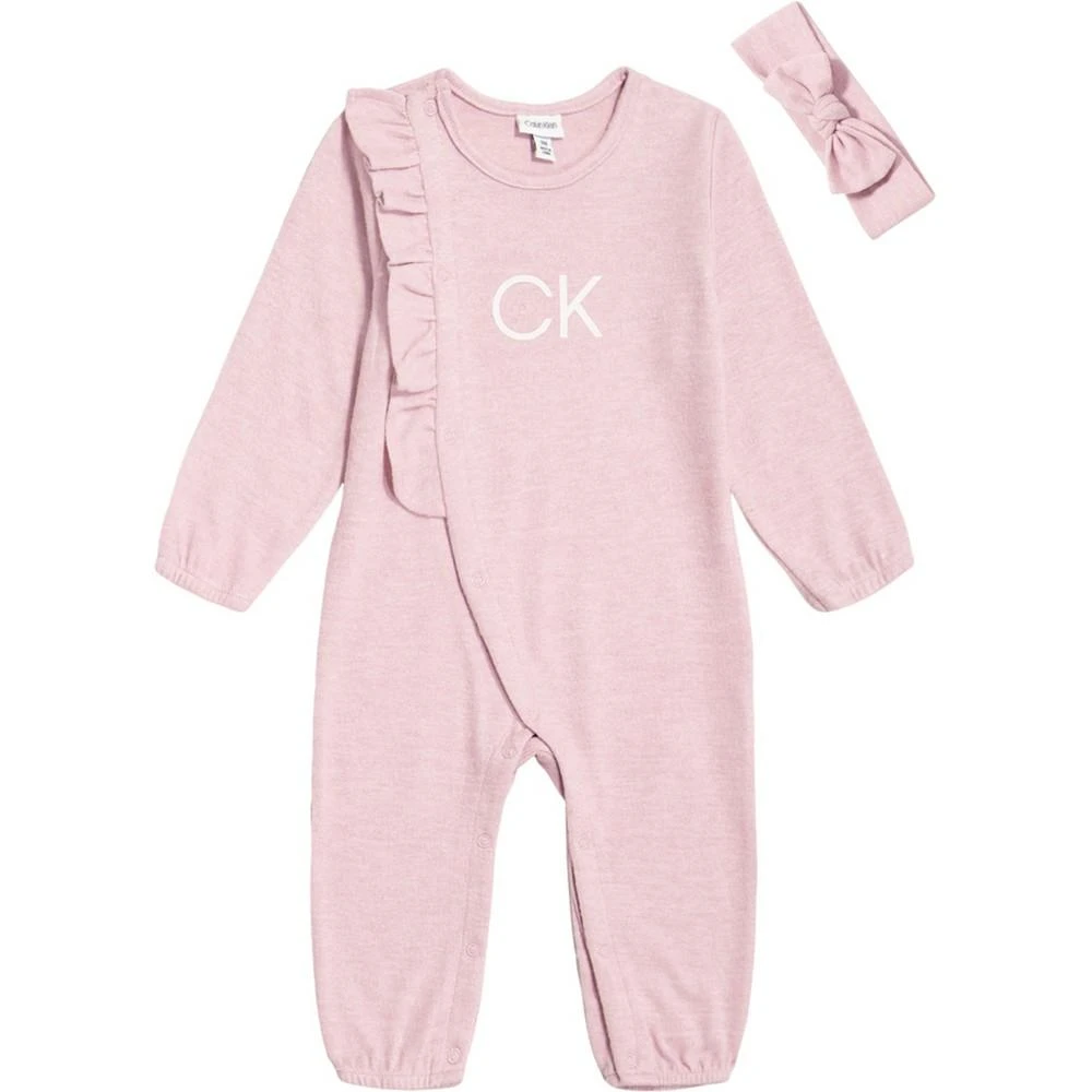 商品Calvin Klein|Baby Girls Ruffle Coverall and Headband, 2 Piece Set,价格¥225,第1张图片