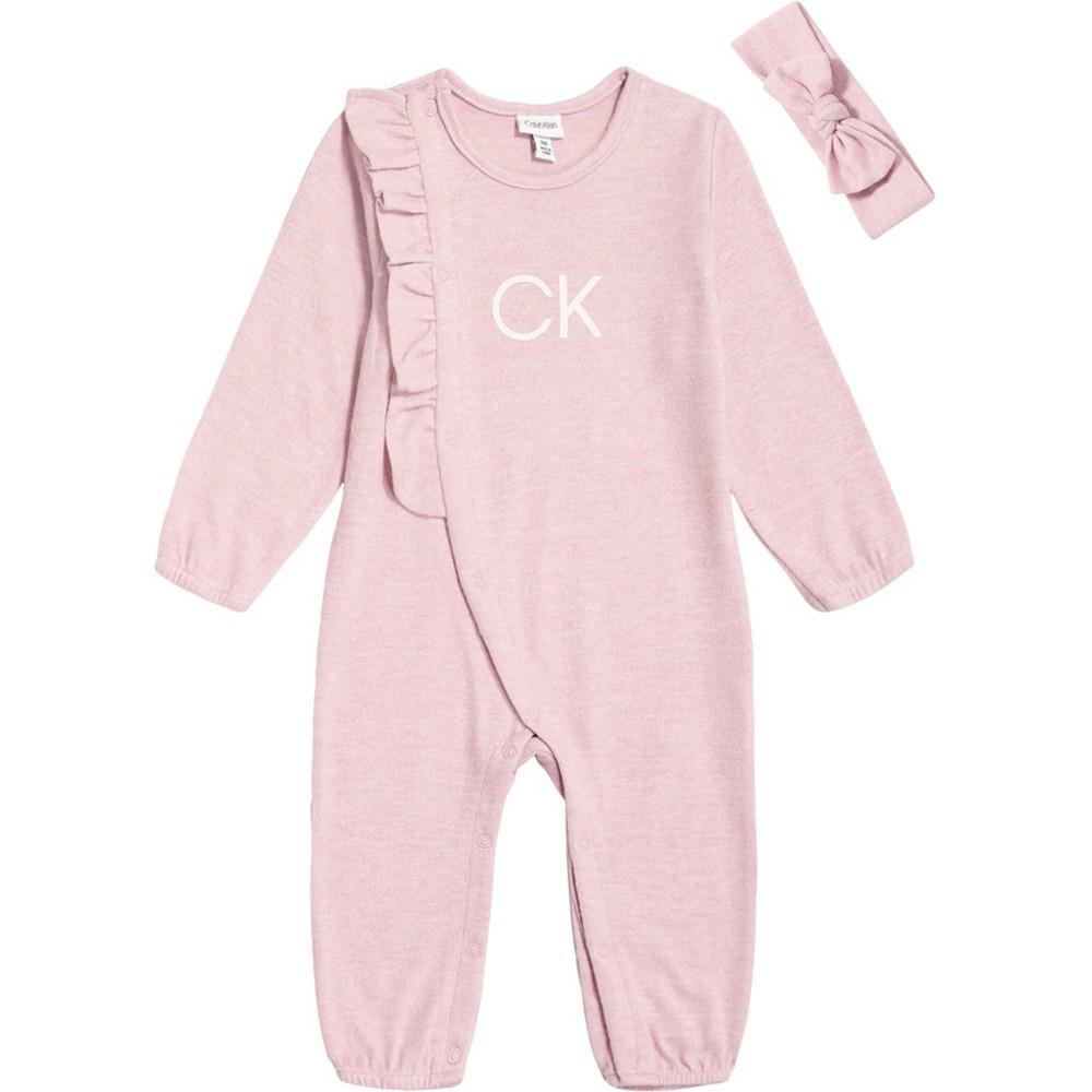 商品Calvin Klein|Baby Girls Marled Butter Knit Ruffle-Trim Coverall and Headband, 2 Piece Set,价格¥145,第1张图片