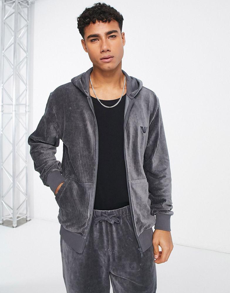 商品Emporio Armani|Emporio Armani Bodywear ribbed velour lounge zip hoodie in grey,价格¥982,第1张图片