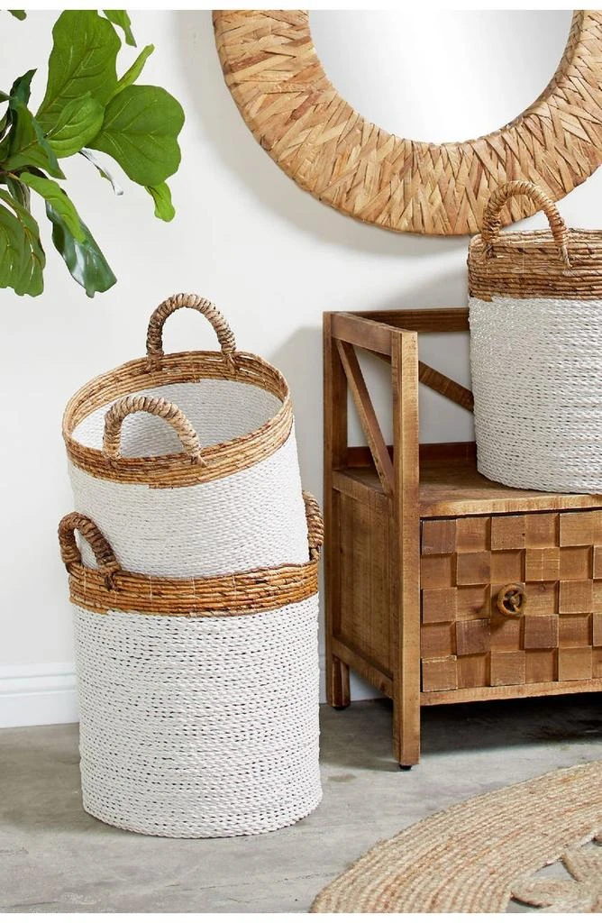 White Seagrass Handmade Two-Tone Storage Basket with Handles - Set of 3 商品