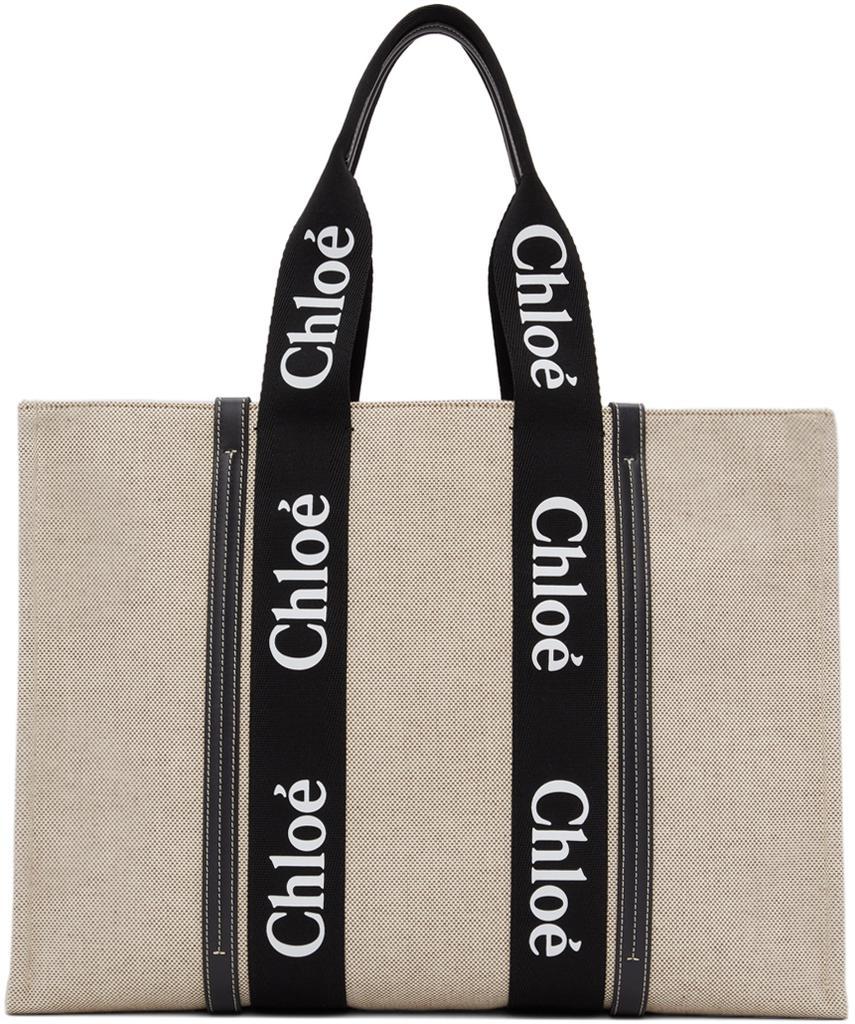 商品Chloé|Off-White & Black Large Woody Tote Bag,价格¥8052,第1张图片