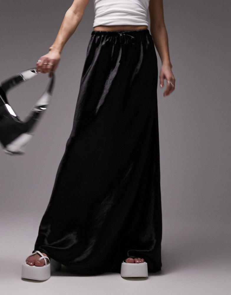 Topshop drawstring liquid look maxi bias skirt in black商品第2张图片规格展示