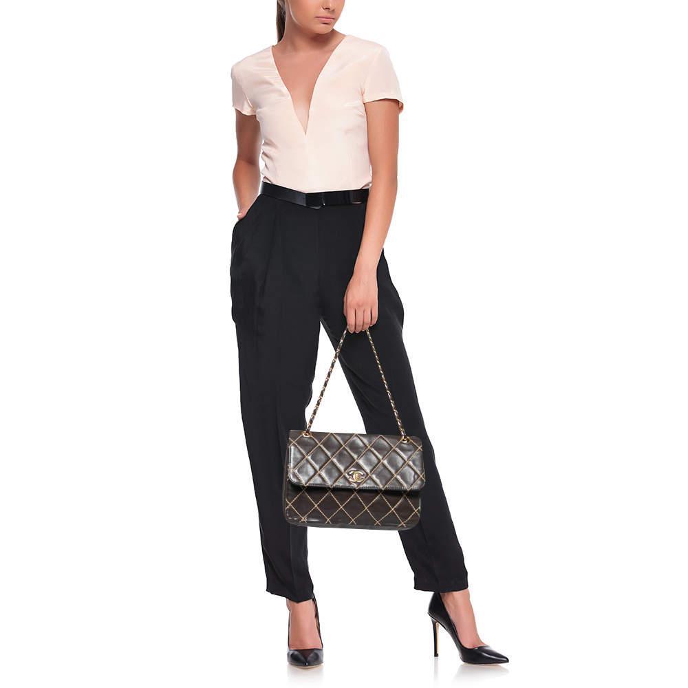 商品[二手商品] Chanel|Chanel Dark Brown Quilted Leather Wild Stitch Surpique Flap Bag,价格¥12860,第4张图片详细描述