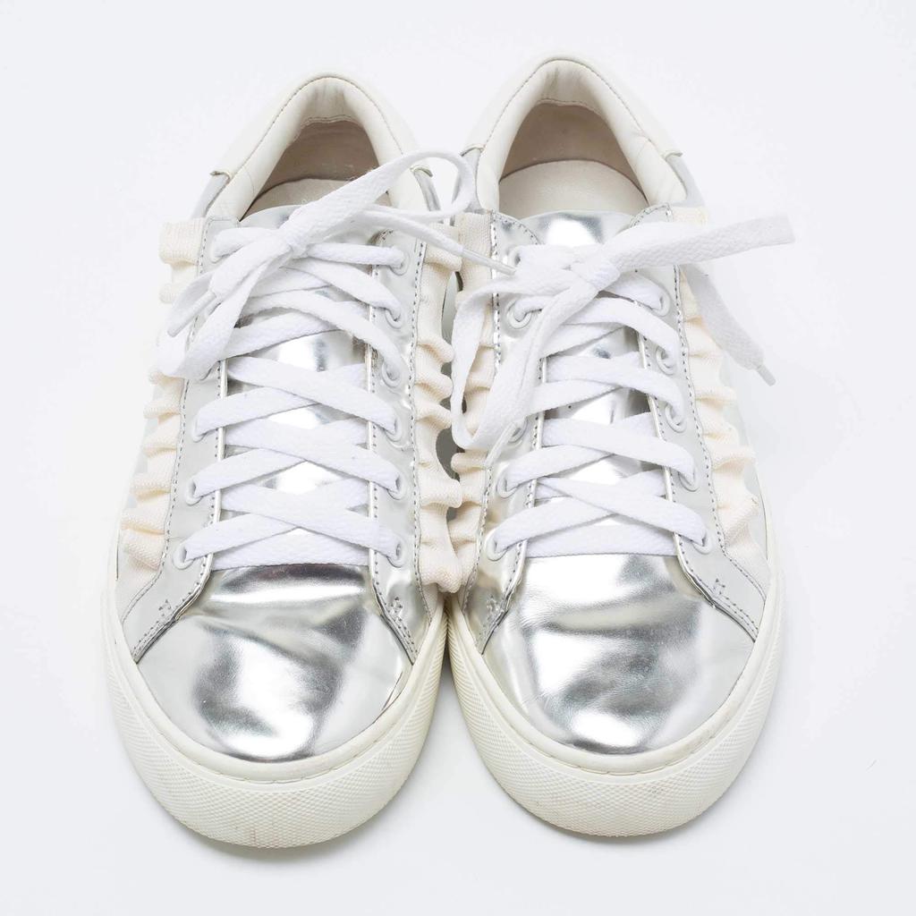 Tory Burch Silver/White Leather Tory Sport Ruffle Low Top Sneakers Size 38.5商品第3张图片规格展示