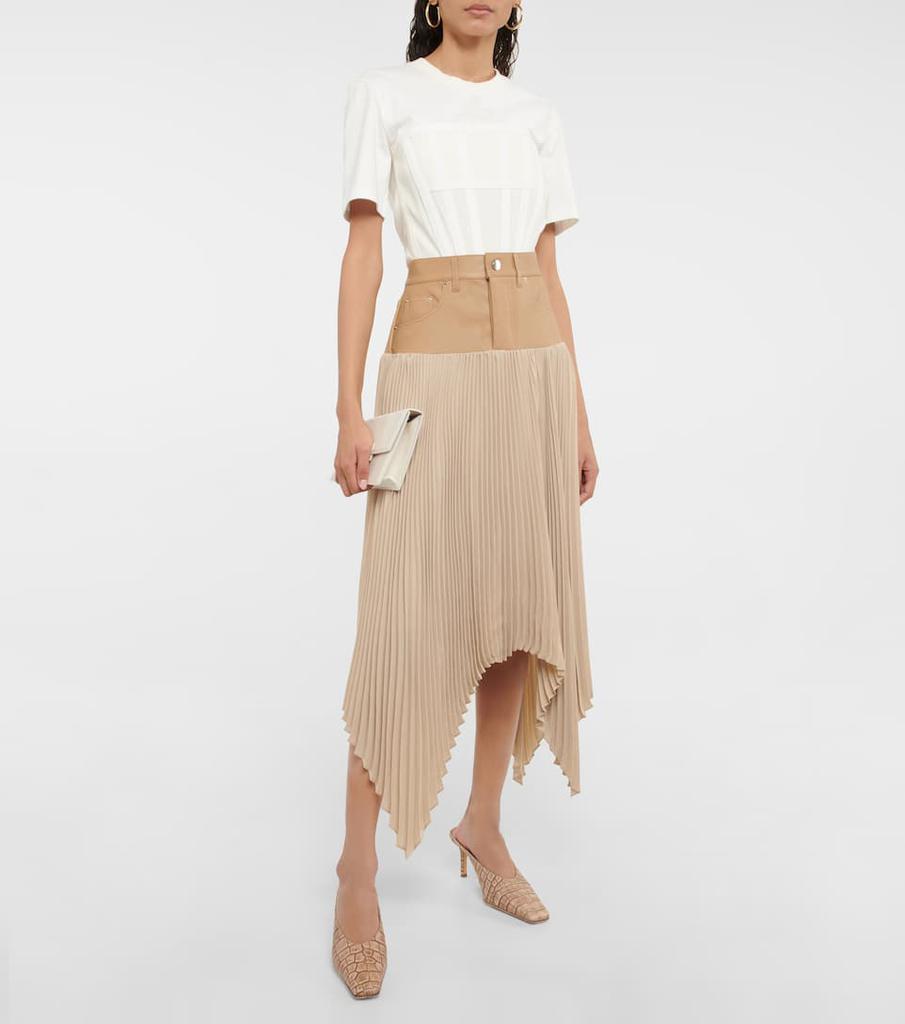 Pleated satin and leather midi skirt商品第2张图片规格展示