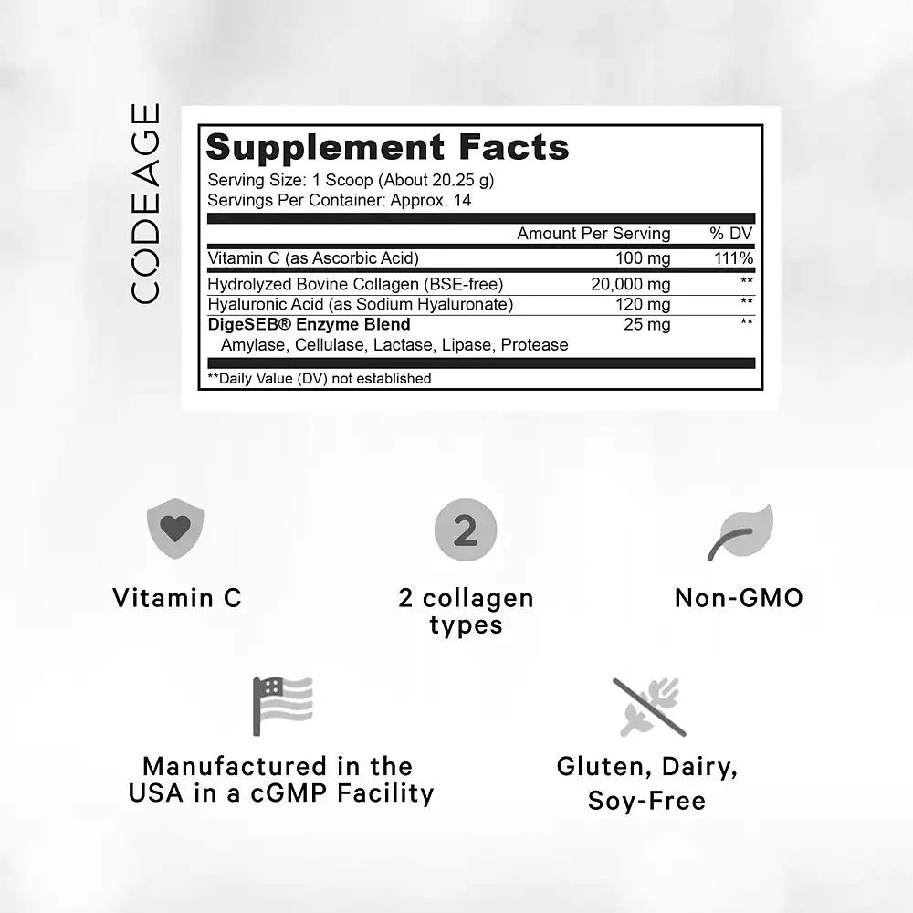 商品Codeage|Collagen Vitamin C+ Powder, Peptides Type 1 & 3 Grass-Fed Bovine, Enzymes, Hyaluronic Acid, 9.98 oz,价格¥202,第2张图片详细描述
