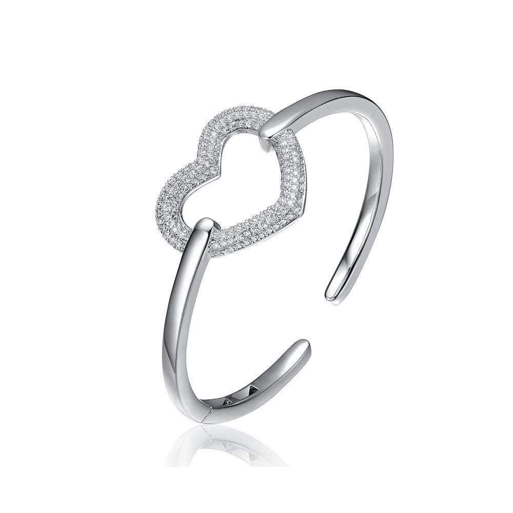 商品Genevive|White Gold Plated Sterling Silver with  Cubic Zirconia French Pave Heart Halo Bracelet,价格¥625,第1张图片