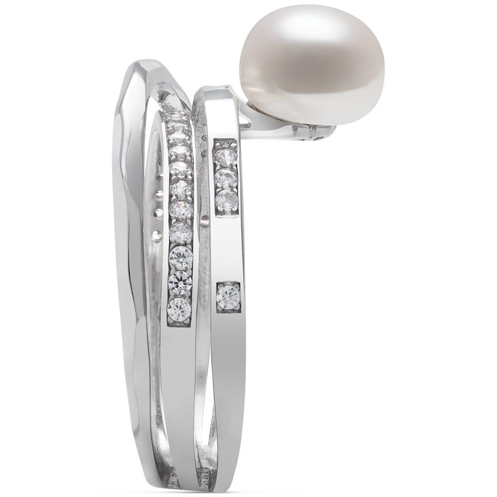 Cultured Freshwater Button Pearl (7mm) & Cubic Zirconia Multirow Statement Ring in Sterling Silver商品第4张图片规格展示