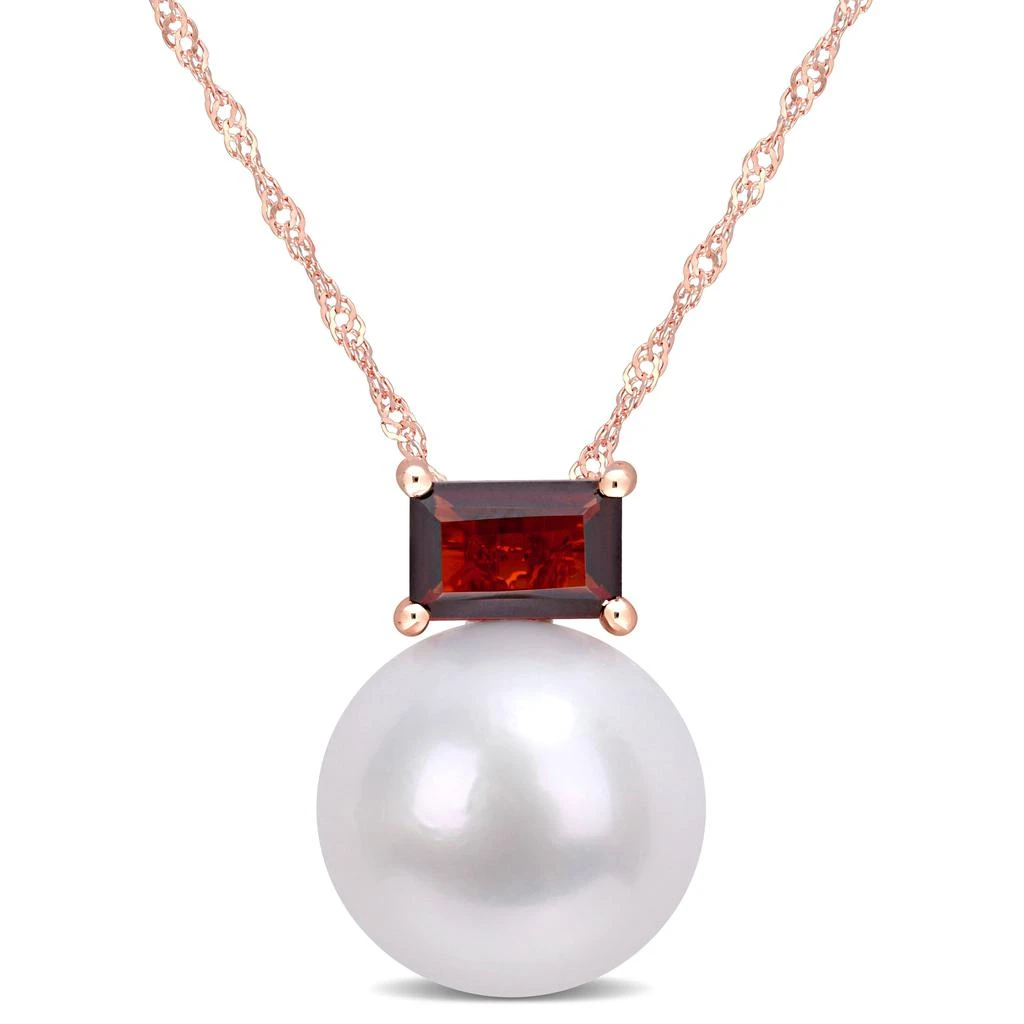 商品Mimi & Max|11-12mm Cultured Freshwater Pearl and 3/4 CT TGW Baguette Garnet Stud Pendant with Chain in 10k Rose Gold,价格¥1128,第1张图片