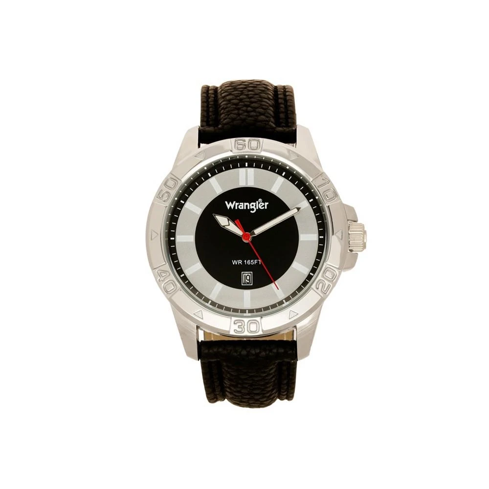 商品Wrangler|Men's Watch, 46MM Silver Colored Case with Embossed Arabic Numerals on Bezel, Black Sunray Dial, with Silver Index Markers, Analog Watch with Black Strap,价格¥415,第1张图片