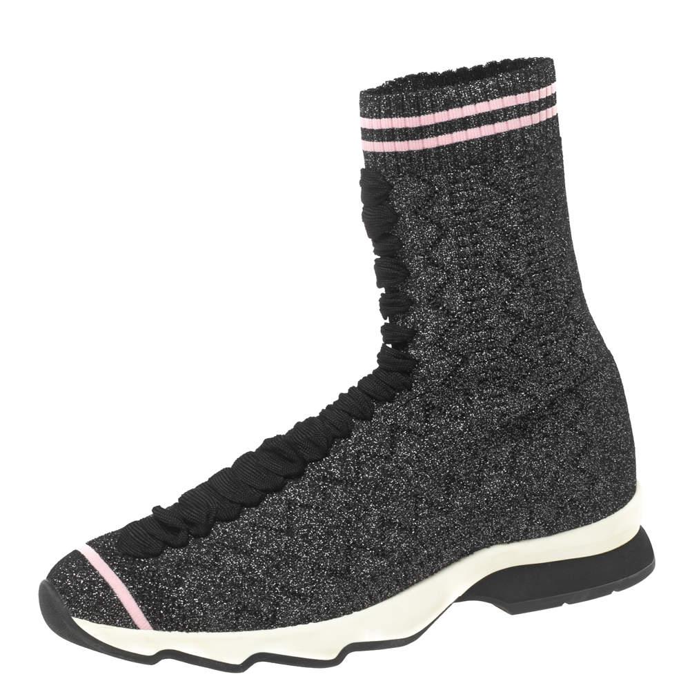 Fendi Black/Silver Glitter Knit Fabric High-Top Sock Sneakers Size 38商品第1张图片规格展示