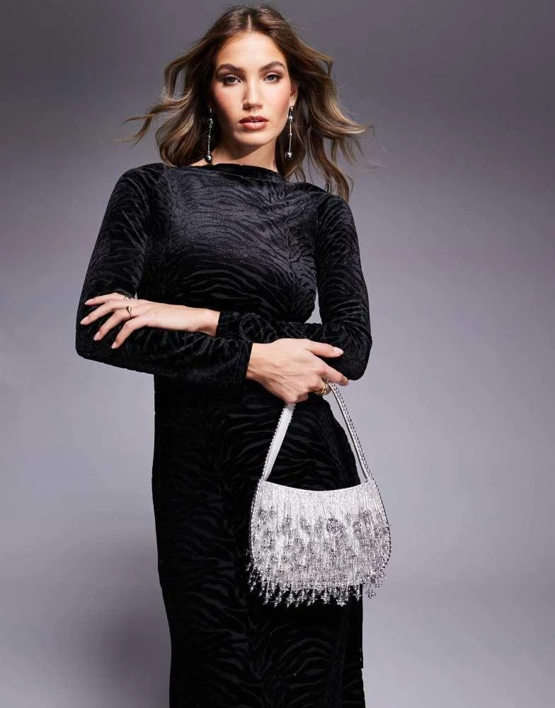 商品ASOS|ASOS DESIGN long sleeve burnout maxi dress with extreme lace up side in black,价格¥91,第4张图片详细描述