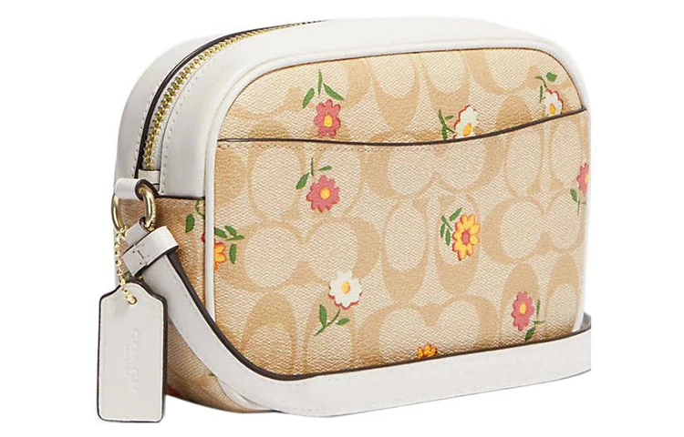 商品[国内直发] Coach|蔻驰 Jamie 19 经典老花拉链开合花卉印花 涂层帆布拼皮革 相机包单肩斜挎包 迷你 女款 浅卡其色,价格¥1454,第3张图片详细描述