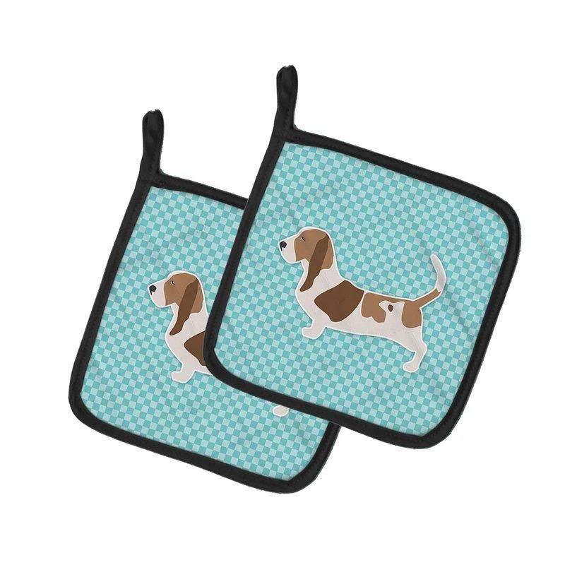 商品Caroline's Treasures|Basset Hound  Checkerboard Blue Pair of Pot Holders,价格¥170,第1张图片