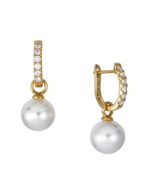 商品BELPEARL|18K Yellow Gold, Diamond & 10MM White Cultured Pearl Huggies Earrings,价格¥11765,第1张图片