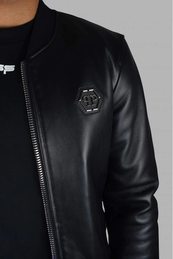 商品Philipp Plein|Men's luxury jacket philipp plein bomber jacket in black leather with skull and red logo,价格¥10360,第3张图片详细描述