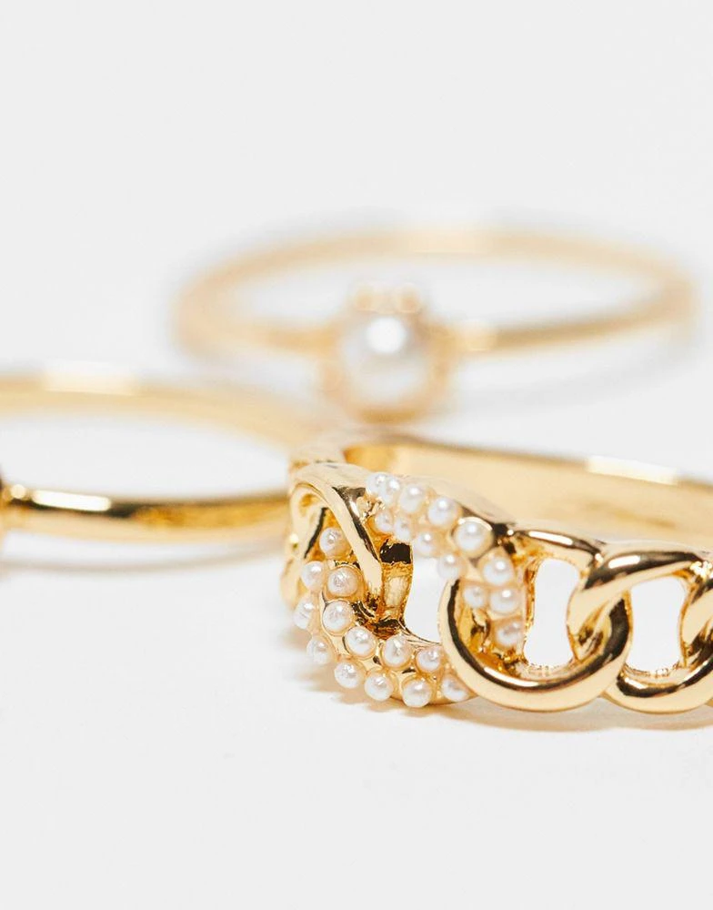 商品DesignB London Curve|DesignB London Curve pack of 3 pearl rings in gold,价格¥99,第4张图片详细描述