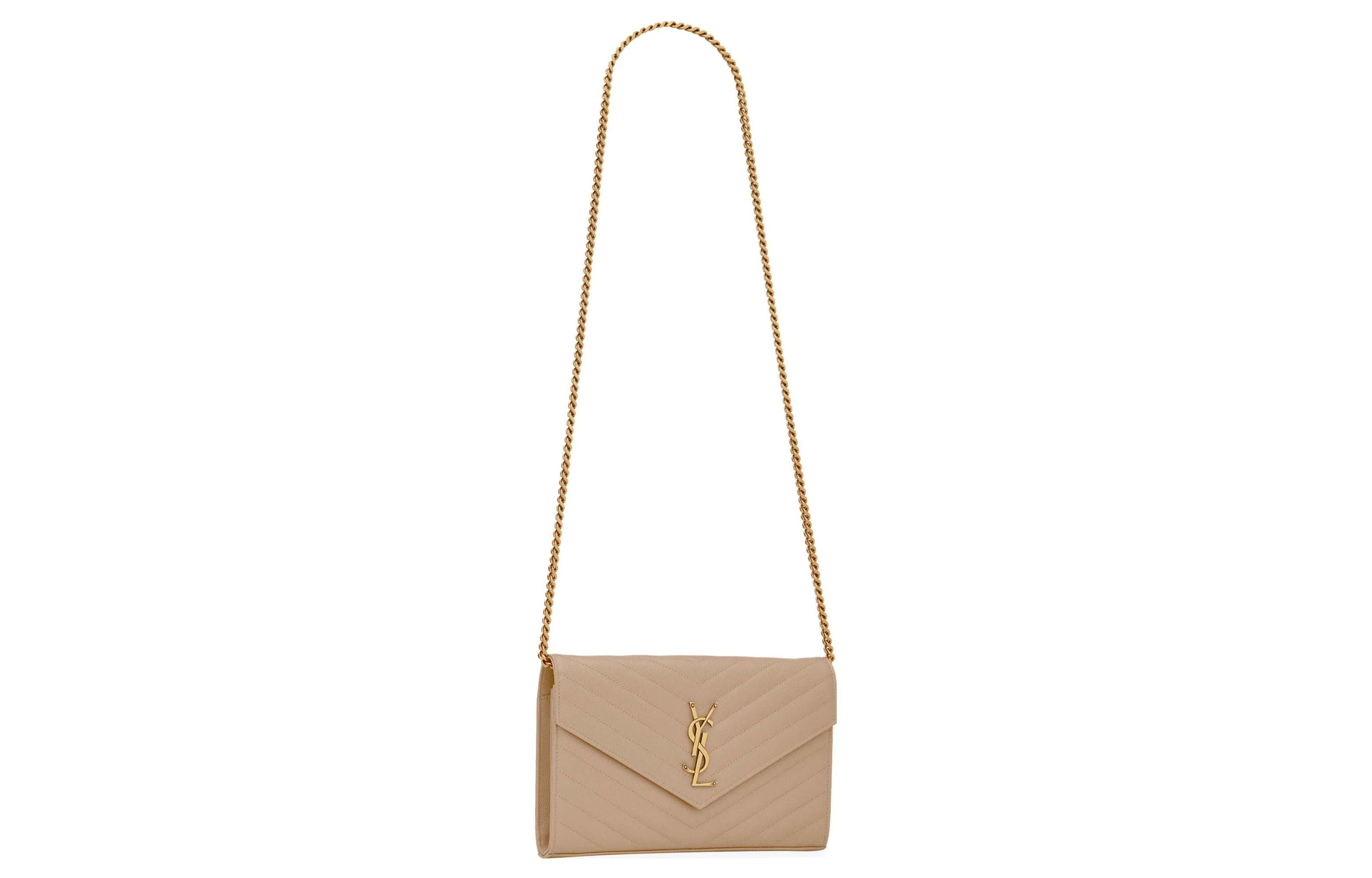 商品[国内直发] Yves Saint Laurent|圣罗兰 YSL Monogram金标Logo绗缝粒面压印链条 皮革 钱包单肩斜挎包 常规 女款 暗米色,价格¥10488,第3张图片详细描述