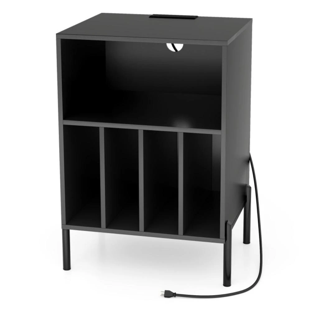 商品Hivvago|Record Player Stand with Record Storage Shelf and Charging Station-Black,价格¥907,第1张图片