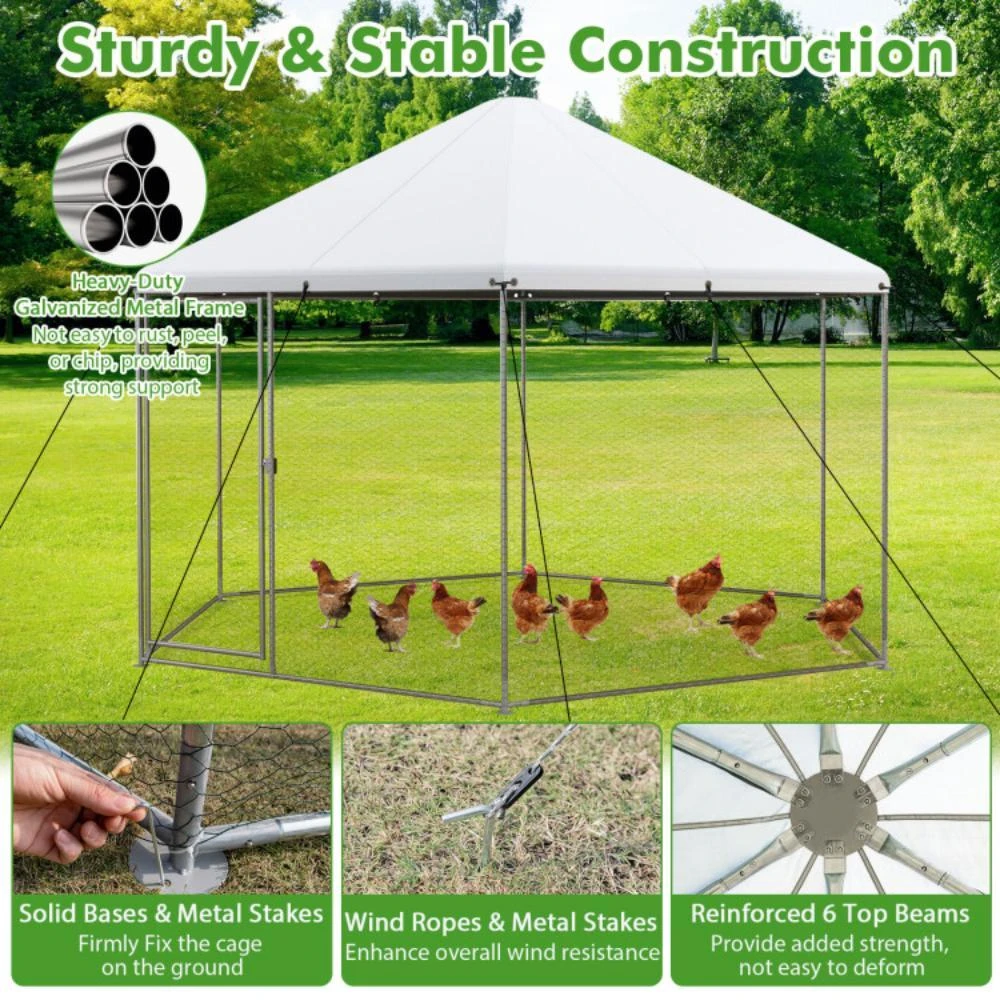 商品Hivvago|13FT Large Metal Hexagonal Chicken Coop with Wire Mesh and Lockable Door,价格¥2093,第4张图片详细描述