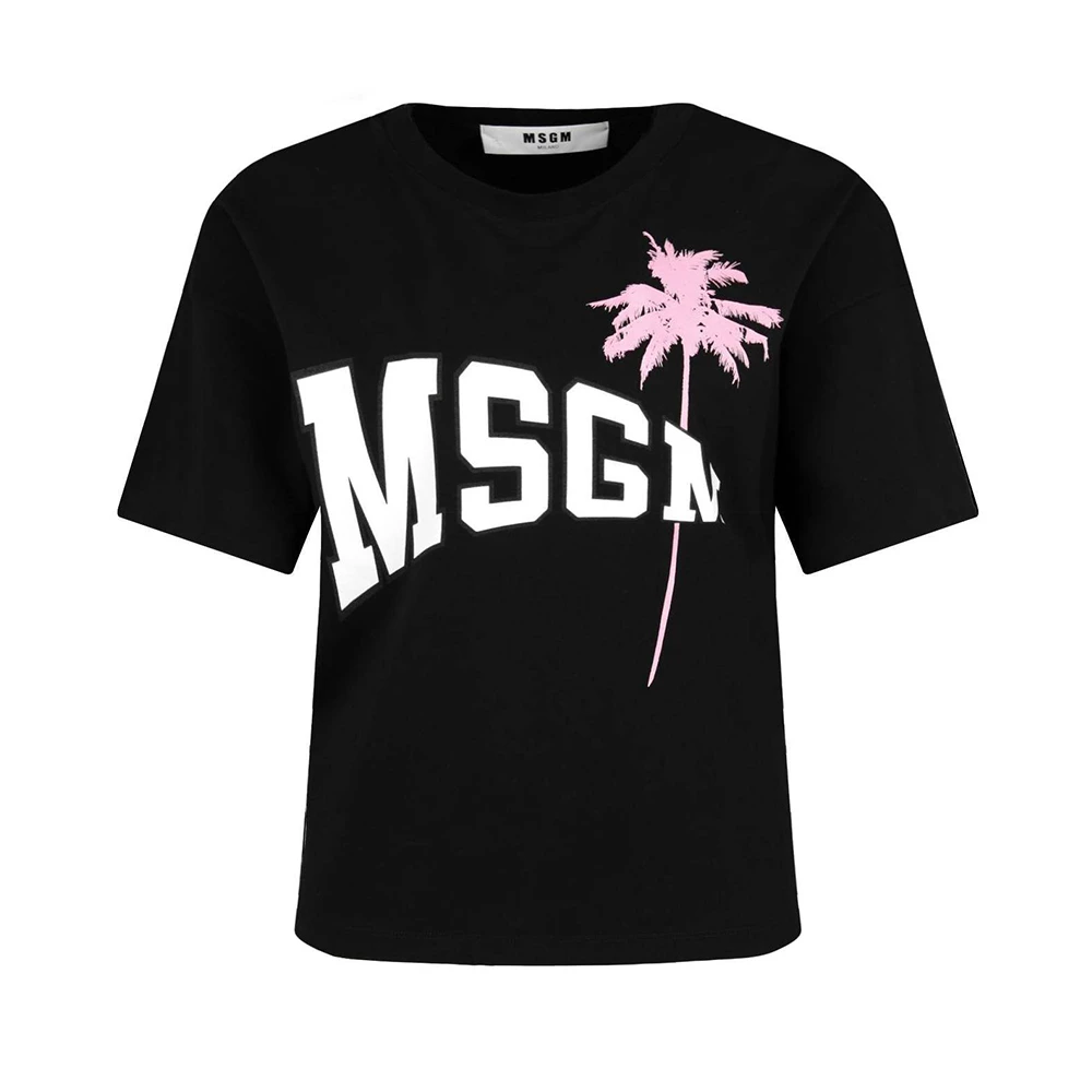 商品MSGM|MSGM 女士黑色棉质字母LOGO粉色图案印花圆领短袖T恤 MDM164-298-99,价格¥600,第1张图片