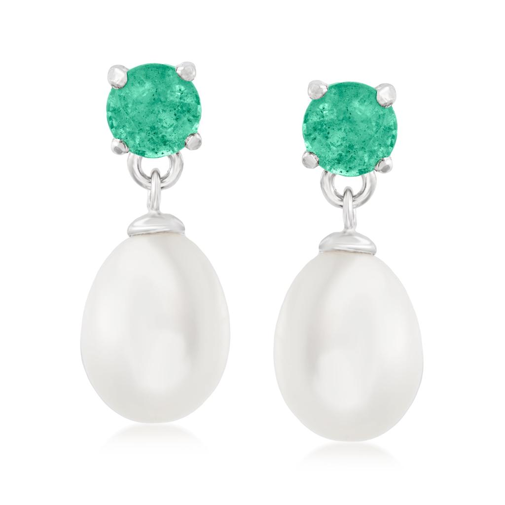 Ross-Simons 7.5-8mm Cultured Pearl and . Emerald Drop Earrings in Sterling Silver商品第1张图片规格展示