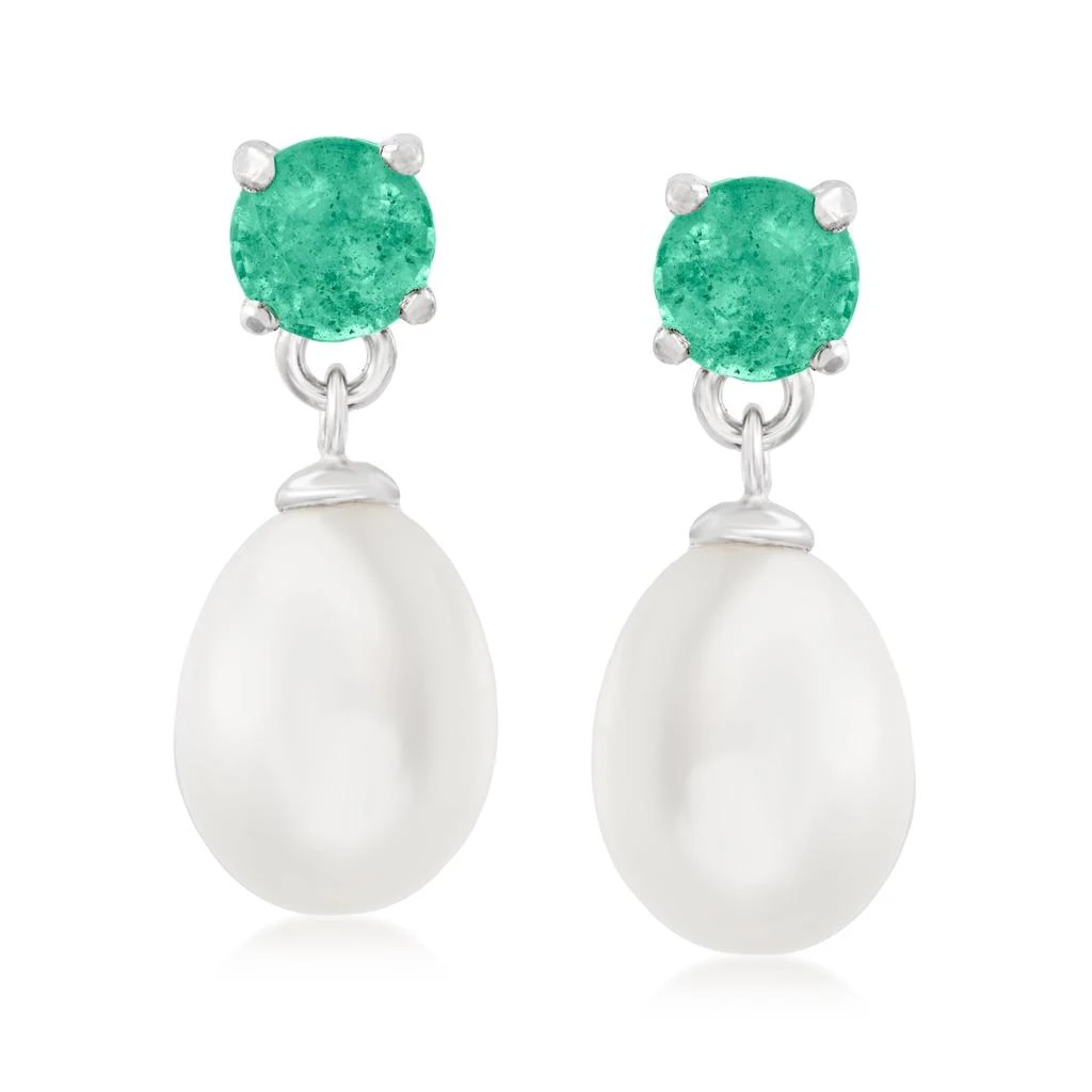 商品Ross-Simons|Ross-Simons 7.5-8mm Cultured Pearl and . Emerald Drop Earrings in Sterling Silver,价格¥1017,第1张图片