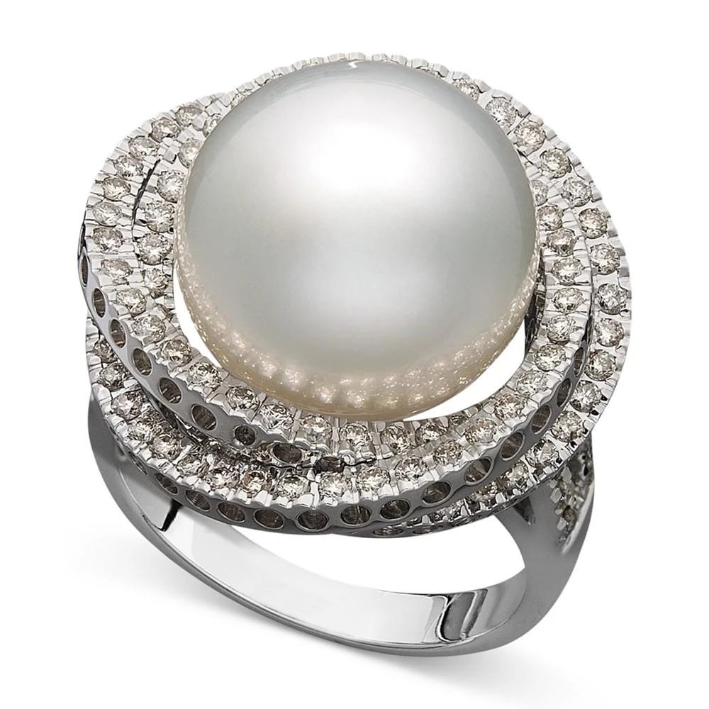 商品Macy's|14k White Gold Ring, Cultured South Sea Pearl (13mm) and Diamond (1 ct. t.w.) Ring,价格¥18227,第1张图片