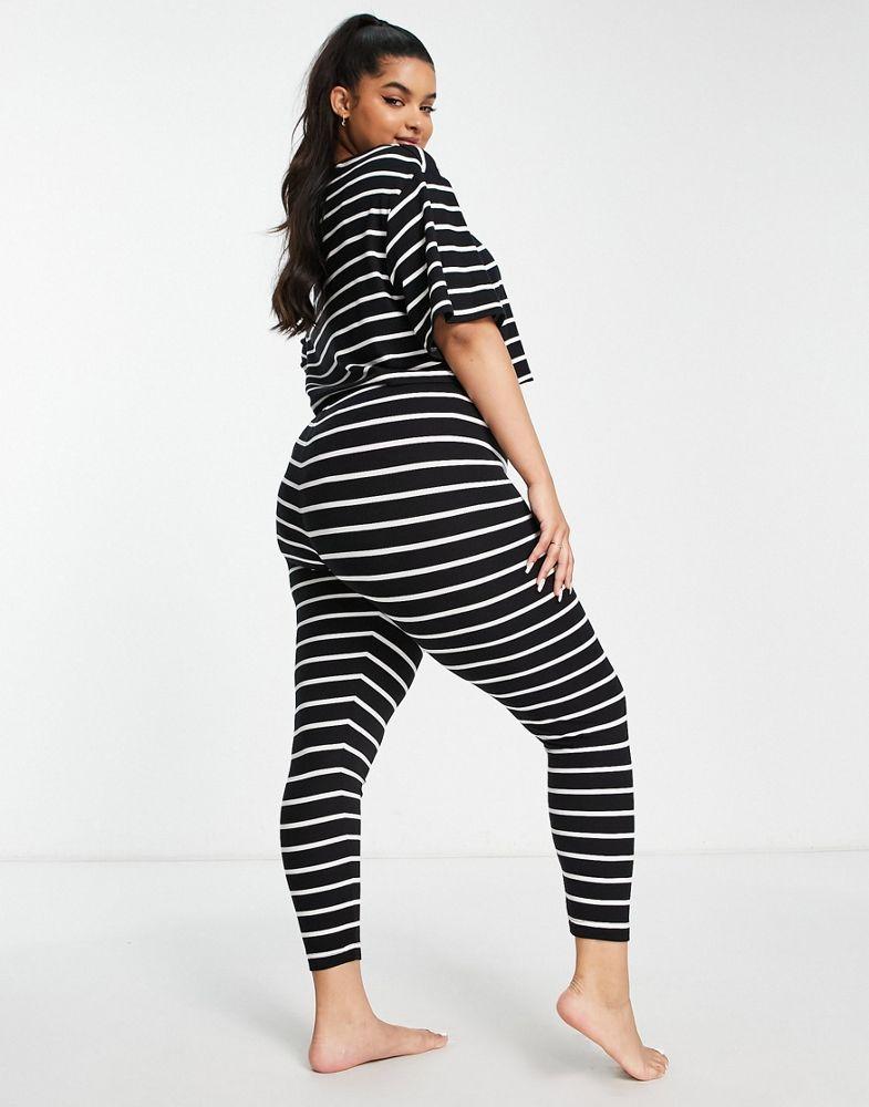 ASOS DESIGN Curve rib stripe tee & legging pyjama set in black & white商品第2张图片规格展示