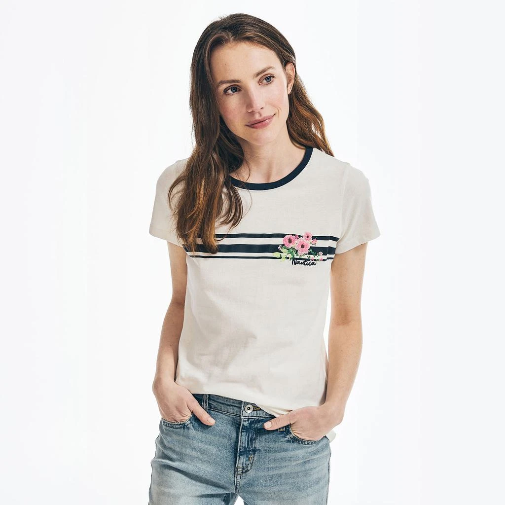 商品Nautica|Nautica Womens Sustainably Crafted Floral Chest-Stripe T-Shirt,价格¥105,第1张图片