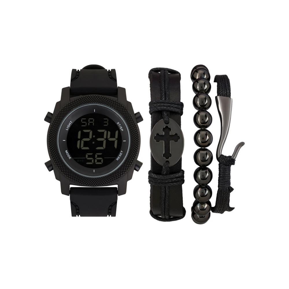 商品American Exchange|Men's Quartz Digital Dial Black Silicone Strap Watch and Assorted Black Stackable Bracelets Gift Set, Set of 4,价格¥148,第1张图片