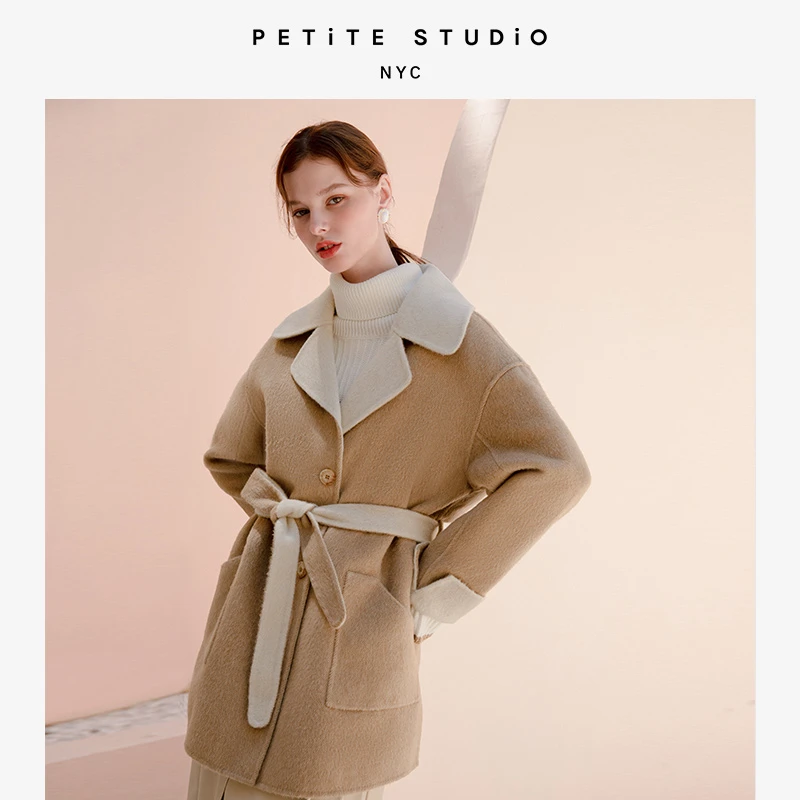 商品[国内直发] Petite Studio NYC|Edie驼米跳色法式简约两面穿中长款羊毛外套 | Edie Reversible Wool Coat - Camel & Ivory,价格¥1996,第1张图片