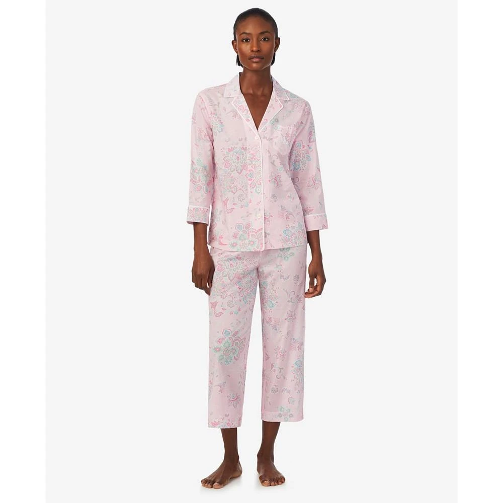 商品Ralph Lauren|Women's 2-Pc 3/4 Sleeve Notch Collar Top and Capri Pants Pajama Set,价格¥337,第1张图片