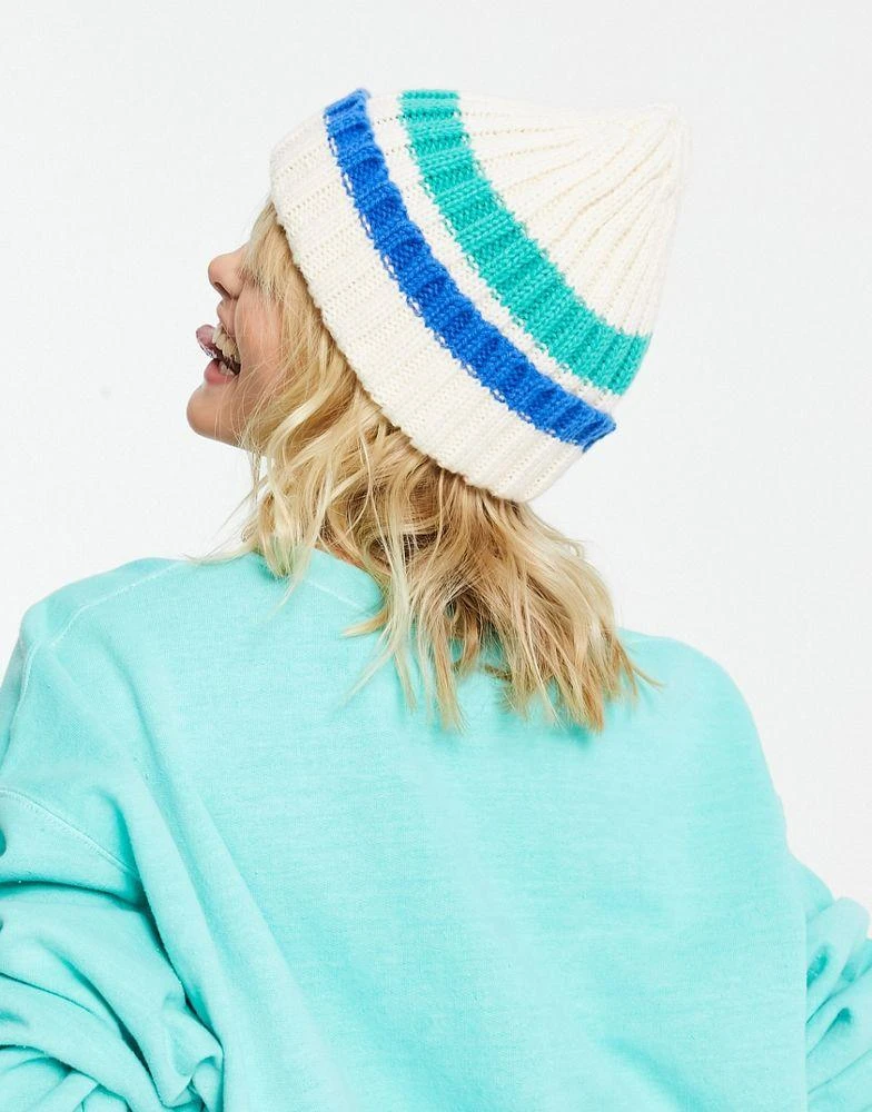 商品Topshop|Topshop stripe ribbed beanie in off white and blue,价格¥63,第4张图片详细描述