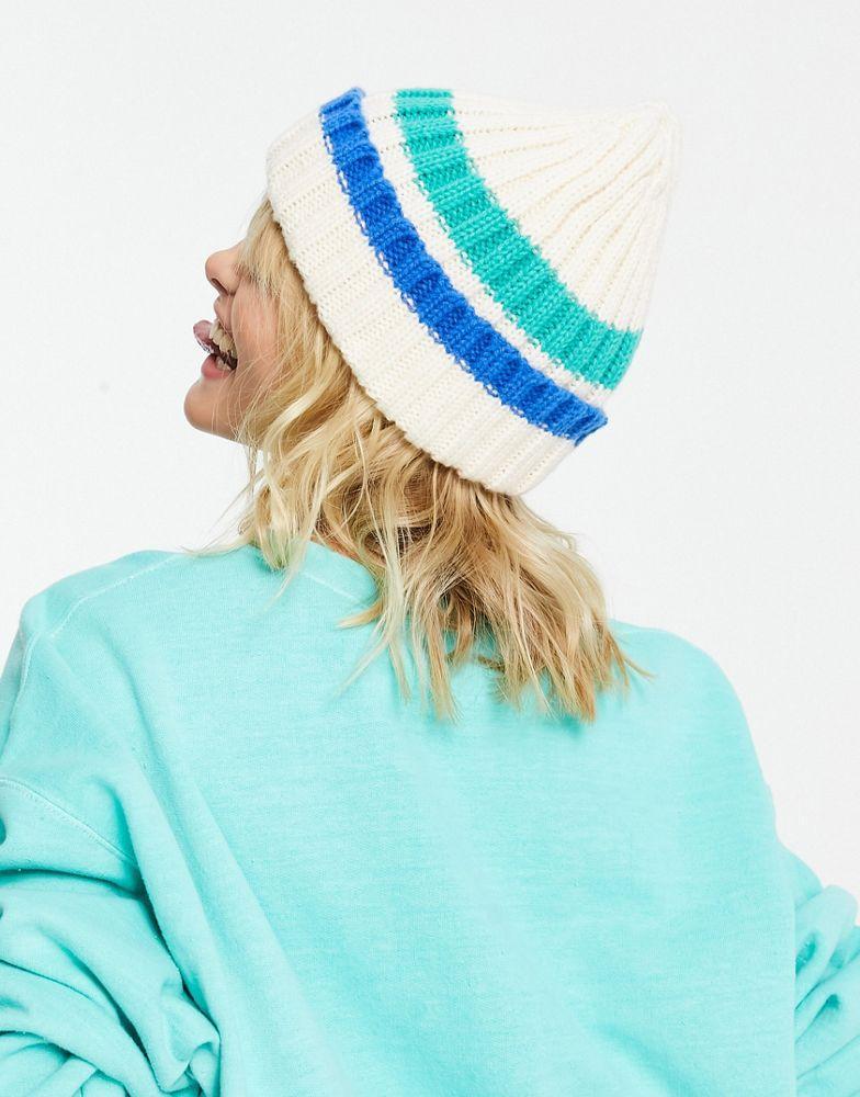 商品Topshop|Topshop stripe ribbed beanie in off white and blue,价格¥47,第6张图片详细描述