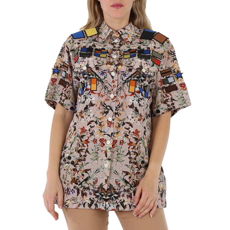 商品Burberry|Badge Appliques Iris Floral-Print Silk Crepe De Chine Oversized Shirt,价格¥1241,第1张图片